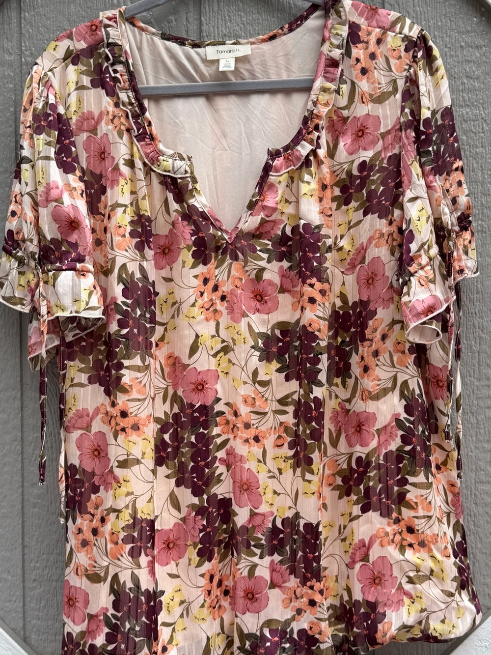 Tamara H Pink & Burgundy Floral V-Neck Blouse